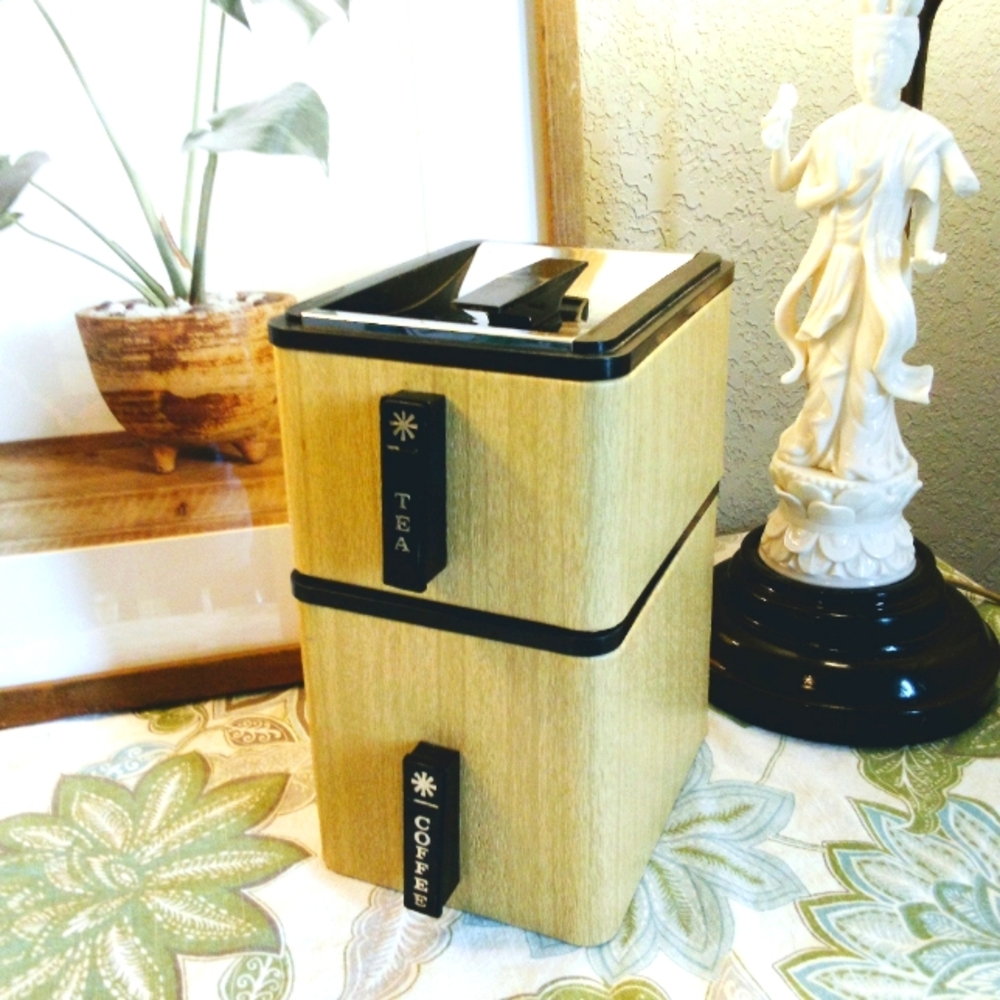 Kromex MCM 1960's Beige Faux Wood Metal Canister Set